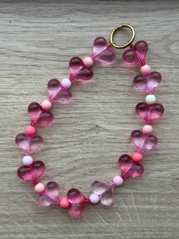 Telefoonkoord Hartjes roze/lila glaslook