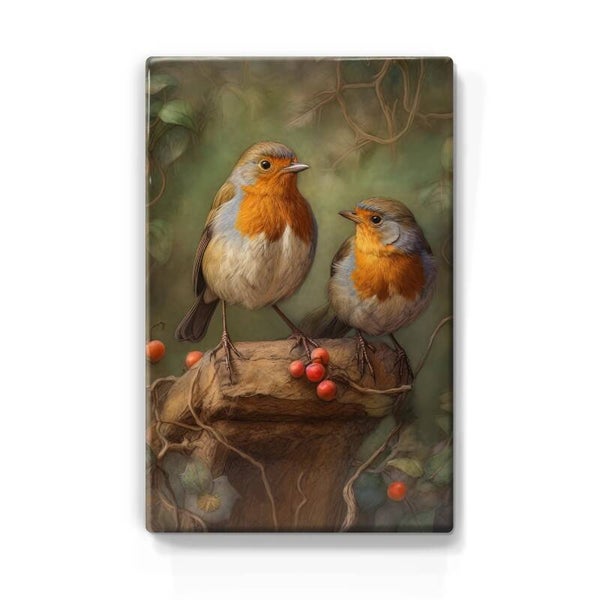 Twee Roodborstjes met rode bessen
