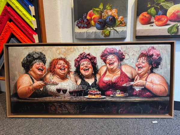 Laqueprint dikke dames met gebakjes