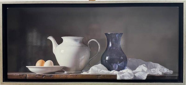 Stilleven Blauwe vaas, kom en eieren