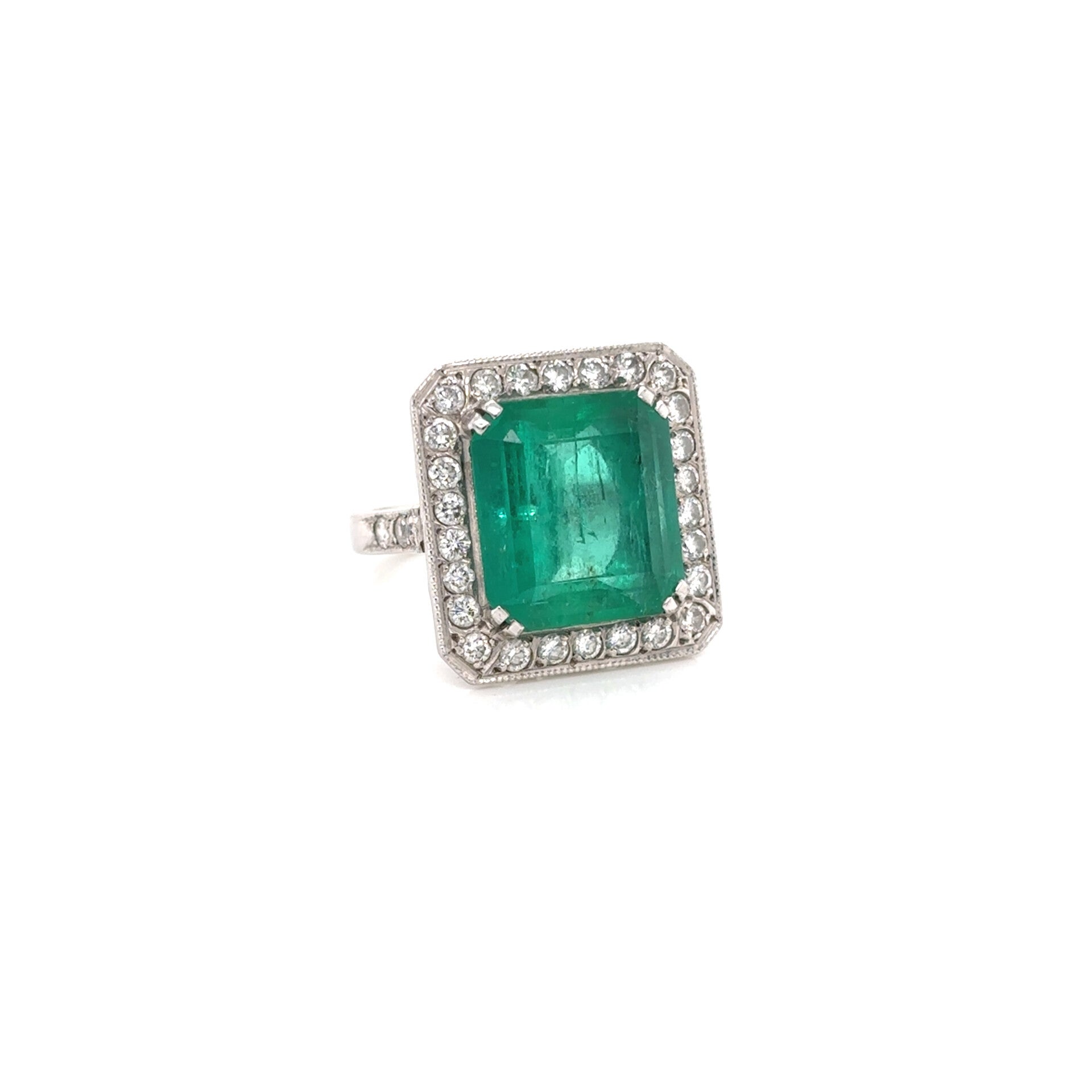 French 1960s Colombian Emerald and Diamond Ring in 18k White Gold