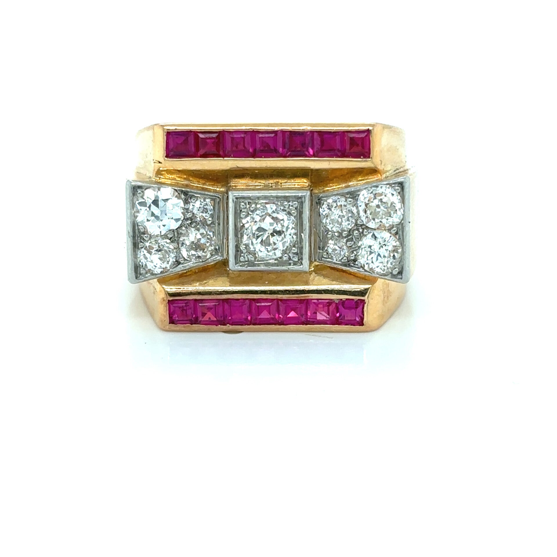 Spectacular Retro French Diamond and Ruby Tank Ring