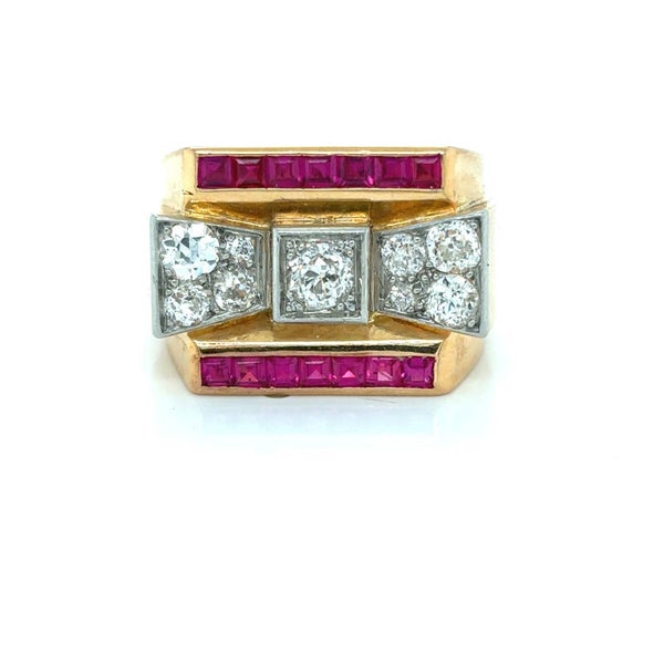 Spectacular Retro French Diamond and Ruby Tank Ring