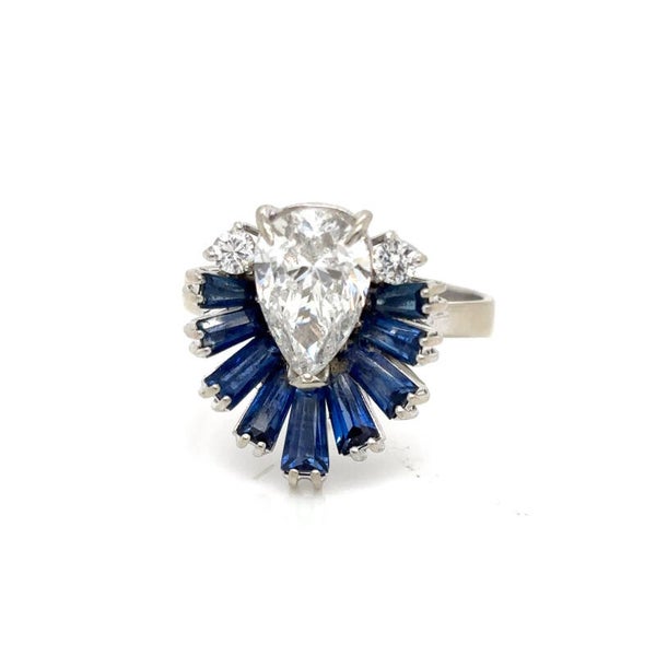 Vintage Pear-Shaped Diamond and Sapphire Ring, Circa 1960s