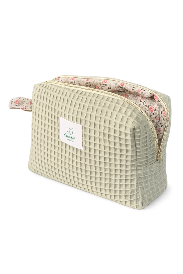 Trousse de toilette verte en tissu nid d’abeille – Doublure fleurie