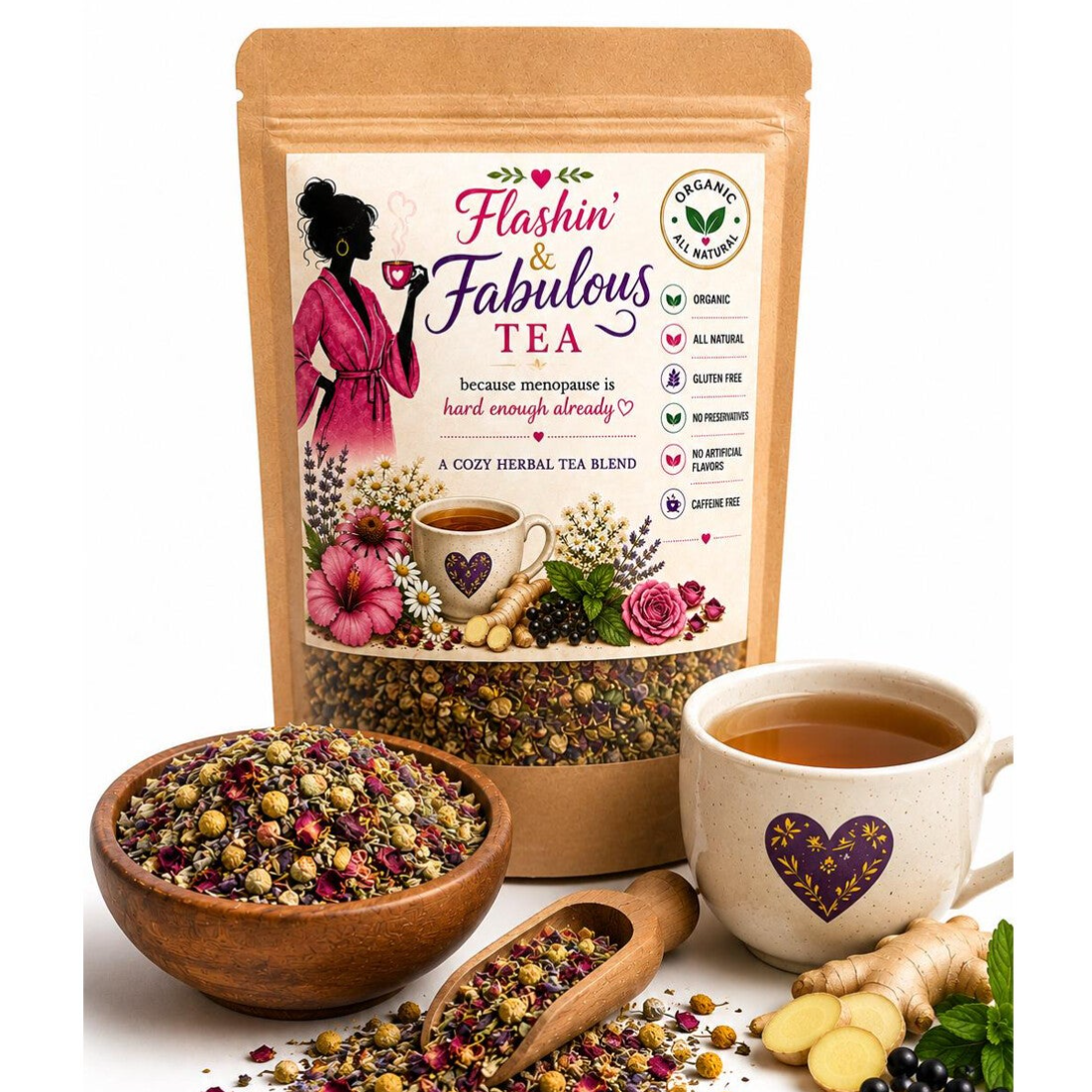 Flashin' & Fabulous Tea, Caffeine Free Tea, Hot Flash Tea, Relaxing Evening Tea, Floral Tea, Loose Leaf Tea, Natural Herbal Tea, Tea Gift