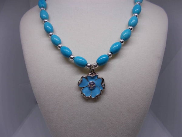 Blue Enamel and Rhinestone Flower Necklace