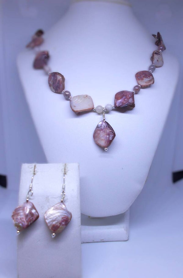 Shell and Sunstone necklace and earring set