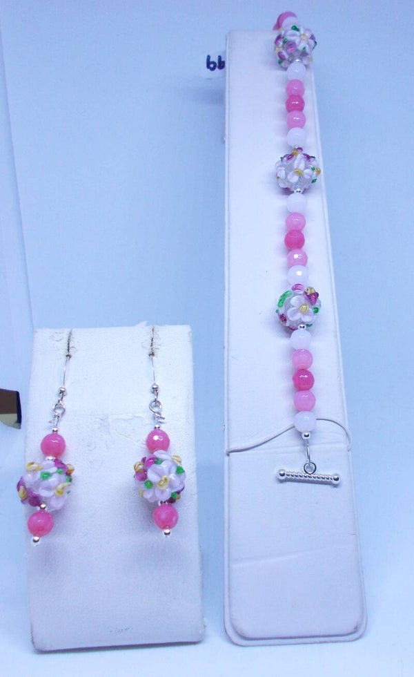 Pink & white raised floral bracelet and earrings