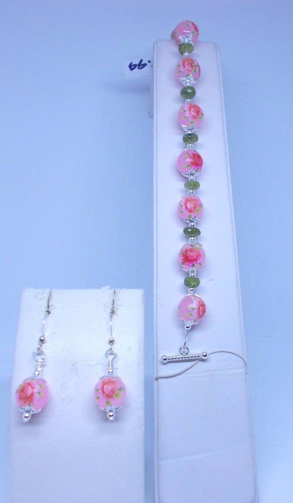 Pink rose and natural Peridot bracelet and earring set.