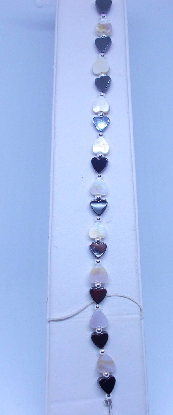 Mother of Pearl and natural Hematite heart bracelet.