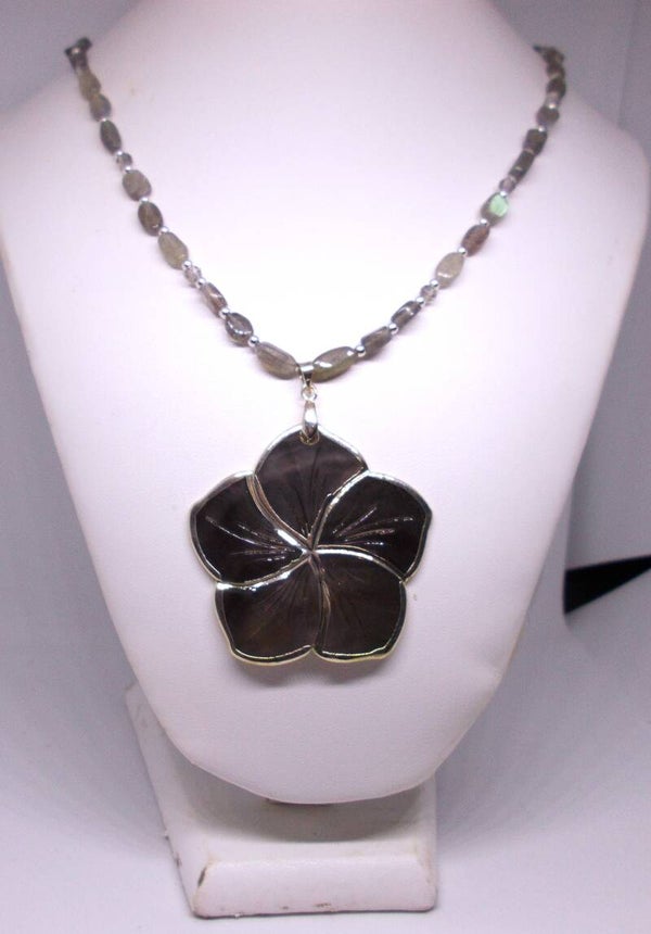 Black lip shell flower and natural Labradorite necklace.