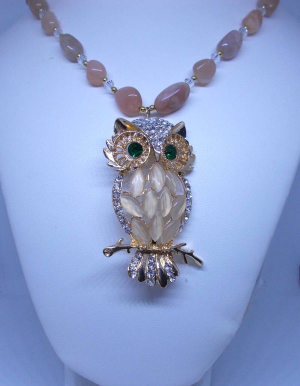 Rhinestone owl and natural Moonstone necklace.