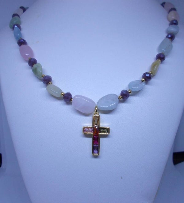 Cubic Zirconia cross with natural Morganite.
