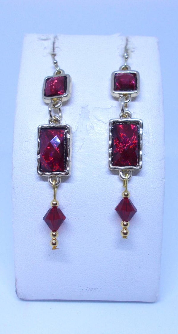 Red drop earrings with crystals.