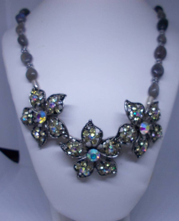 Rhinestone flower and natural Labradorite necklace.