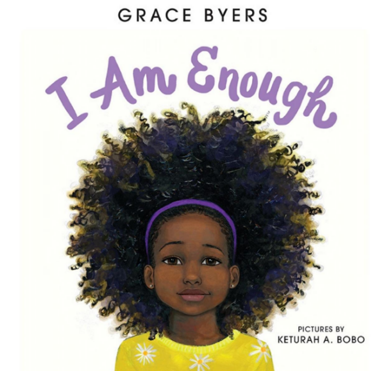 cover for book I AM Enough, black child with afro and yellow shirt