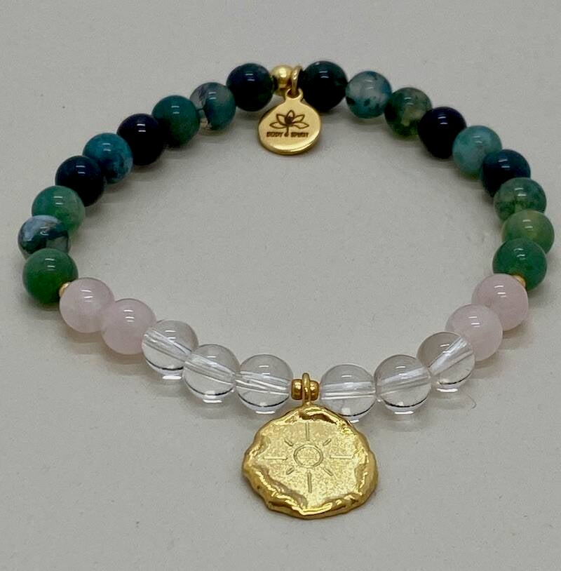 Bergkristall, Rosenquarz und Moosachat