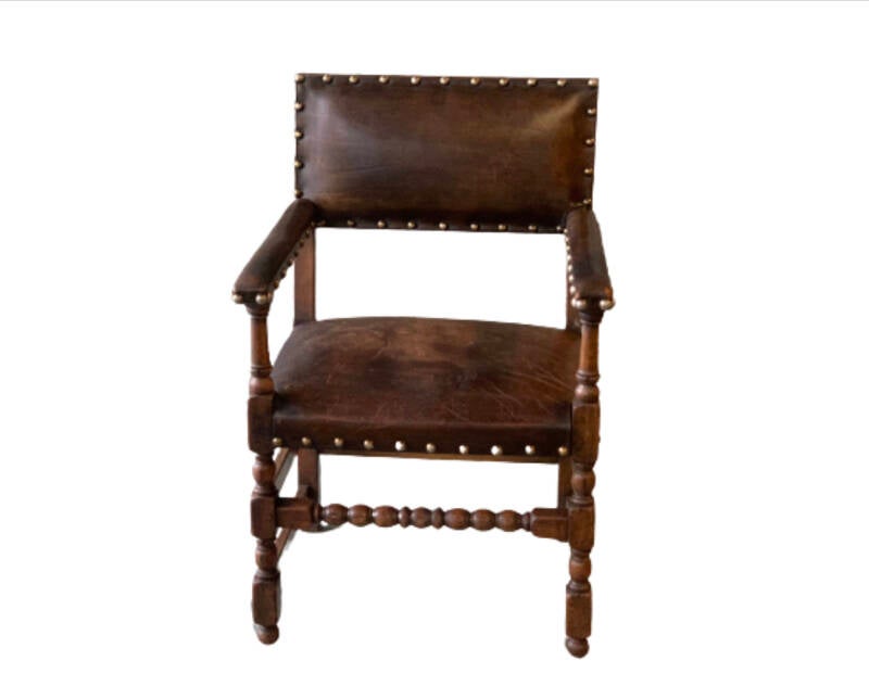 Eikenhouten Armfauteuil Met Leer Bekleed 