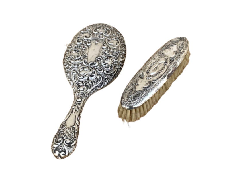 Antiek Engels Zilveren Kaptafel Set | Spiegel | Kleding Borstel 