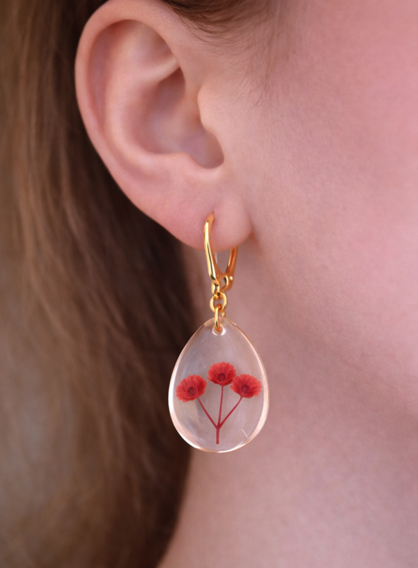 Boucle d'oreille goutte gypsophile rouge