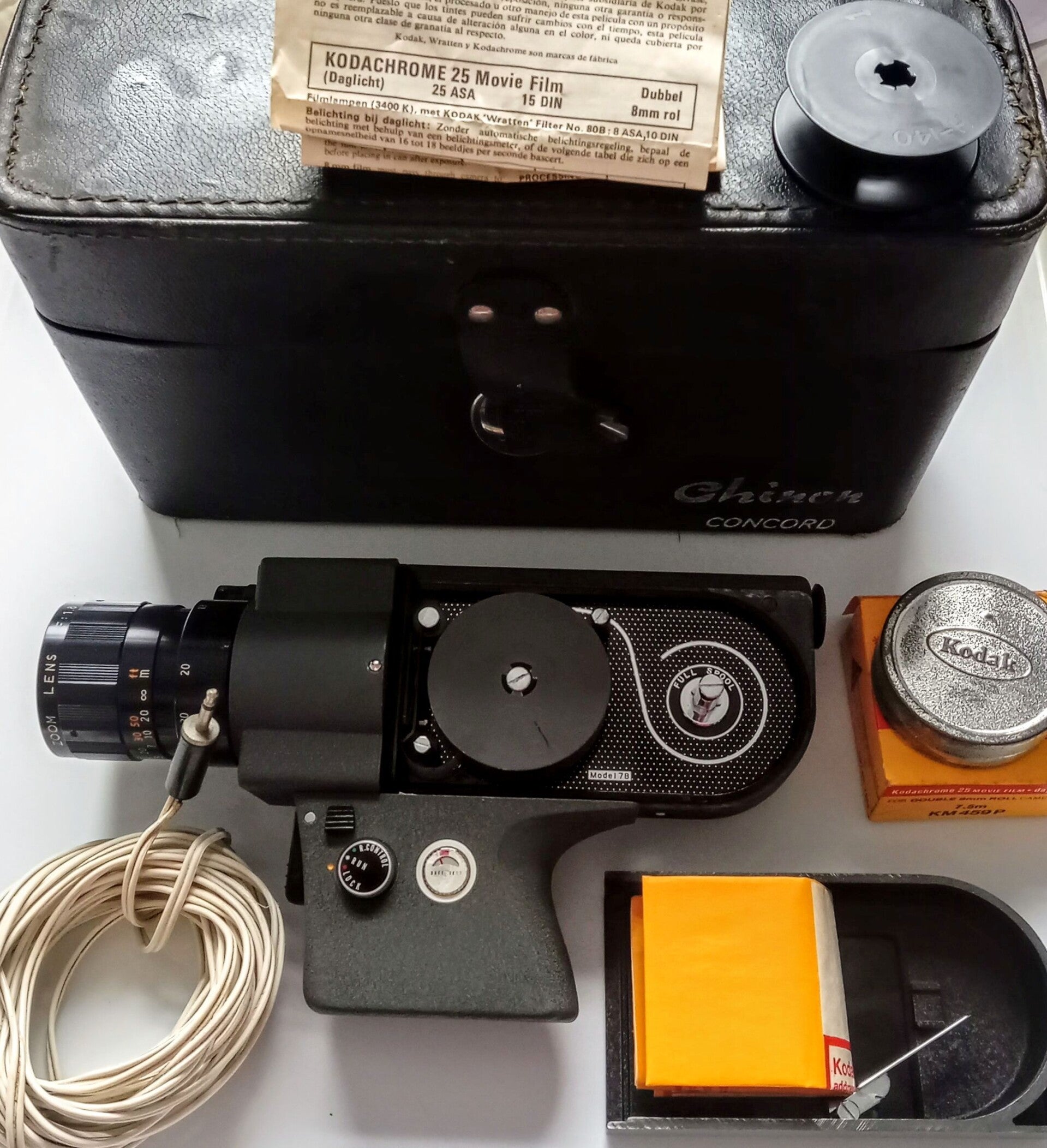 Vintage Chinon Concord Cine 7B Super 8 Movie Camera – Working Order w/ Film, Kodak Tin & Cable