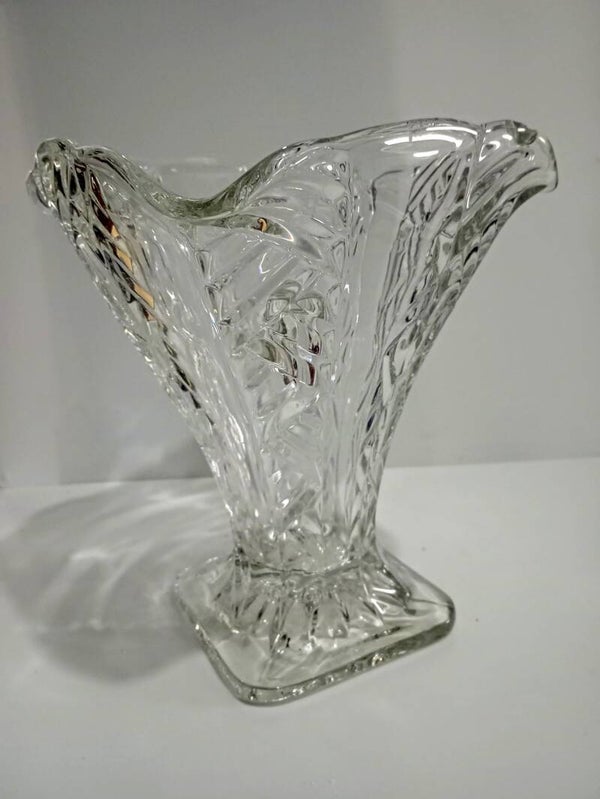 Vintage Interwar Art Deco Hand-Cut Clear Crystal Fluted Vase (c. 1918–1938) – Acid-Etched Czecho-Slovakia Mark