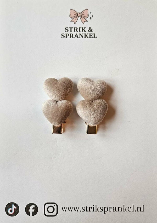 Haarspeldje twee hartje beige pluche