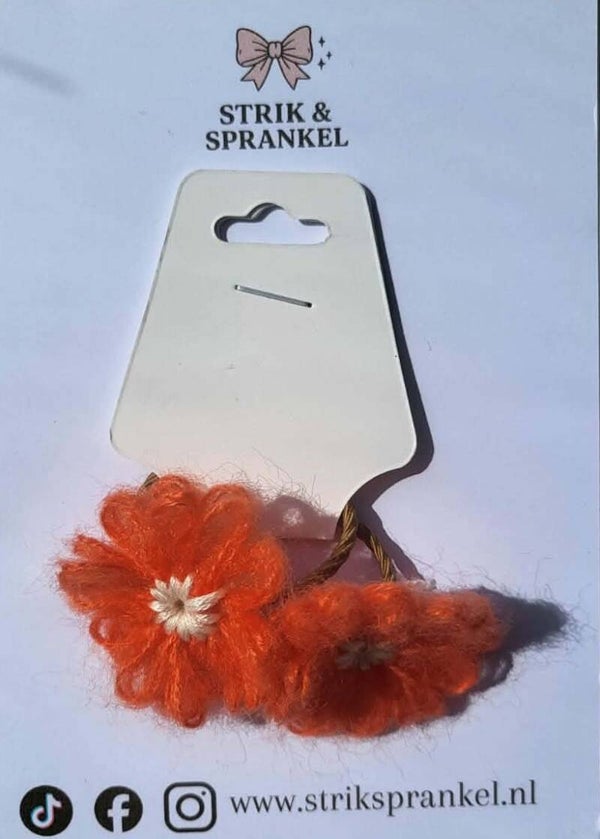 Haarelastiek wollige bloemen oranje