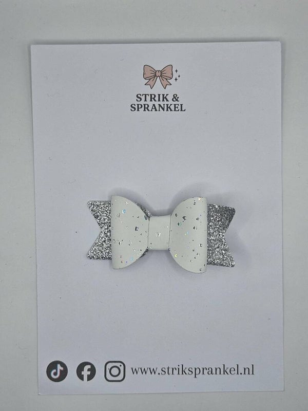 Alligator speldje strik wit zilver glitter