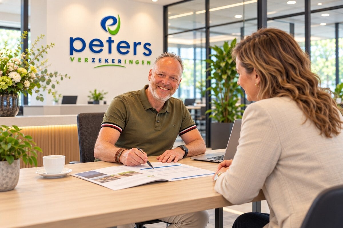 Een adviseur van Peters Verzekeringen geeft een klant uitleg over een verzekering