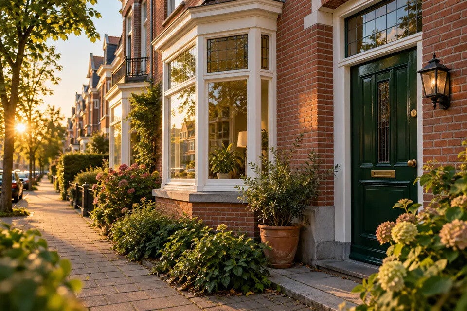 Een bakstenen woning met een groene voordeur