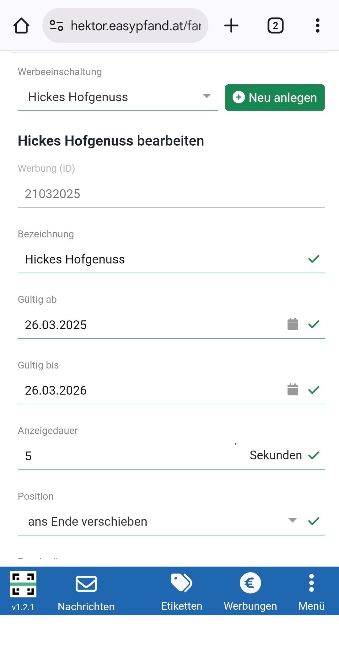 Screenshot Verwaltung Smartphone Werbeeinschaltung easypfand 