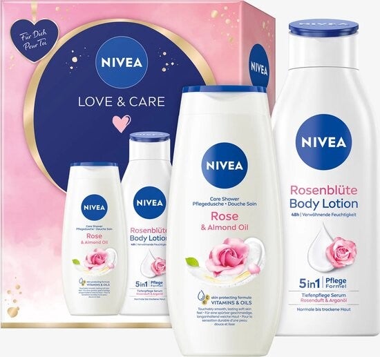 NIVEA Love & Care Geschenkset met hydraterende verzorgingsproducten Geschenkdoos met Care Shower en Rose Petal Body Lotion 650ml