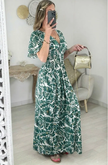 EUGENIE robe longue magique verte & doré feuilles jusqu'au 50