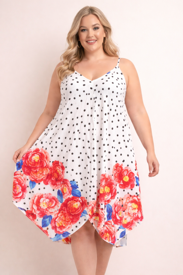 LYDIE robe longue rouge évasée à pois  jusqu'au 50