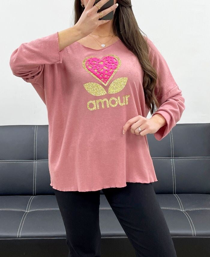 AMOUR Pull fin rose jusqu'au 46/48