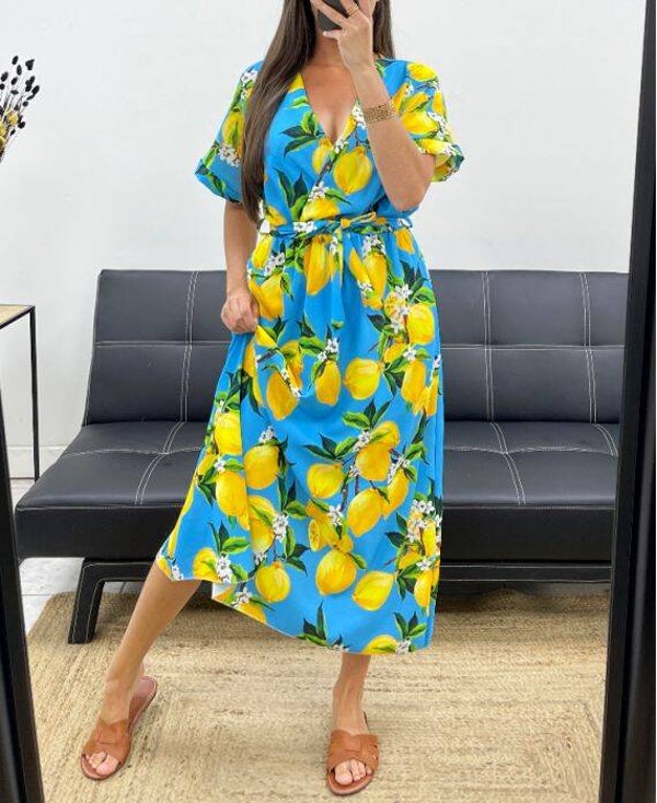 CITRON robe longue bleu ceinturée col croisé jusqu'au 44