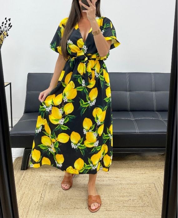 CITRON robe longue noir ceinturée col croisé jusqu'au 44