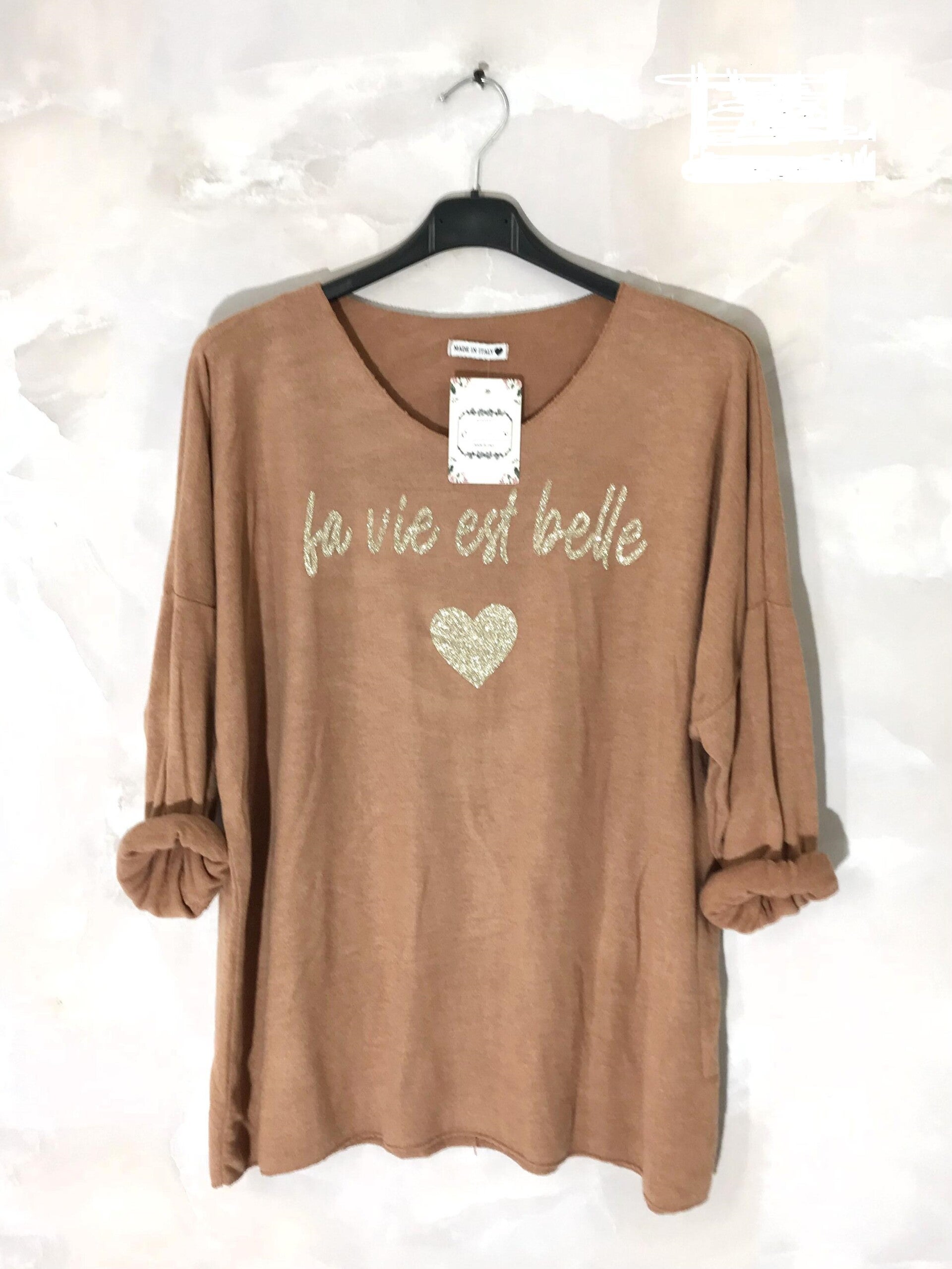 Pull fin brique " la vie est belle " laine angora jusqu'au 50