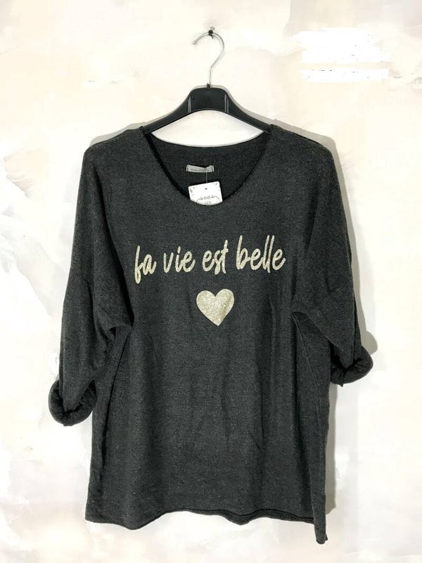 Pull fin noir " la vie est belle " laine angora jusqu'au 50