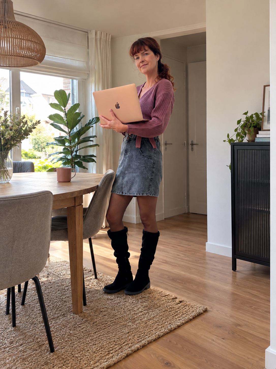 Marjolein staat met macbook in woonkamer