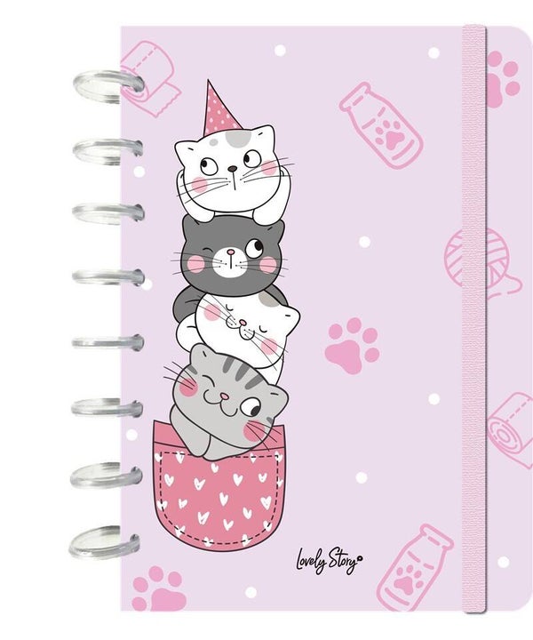 SMART BOOK A5 CON SISTEMA DE DISCOS - 100 HOJAS CUADRICULA 100GR - PINK - CATS DE LOVELY STORY