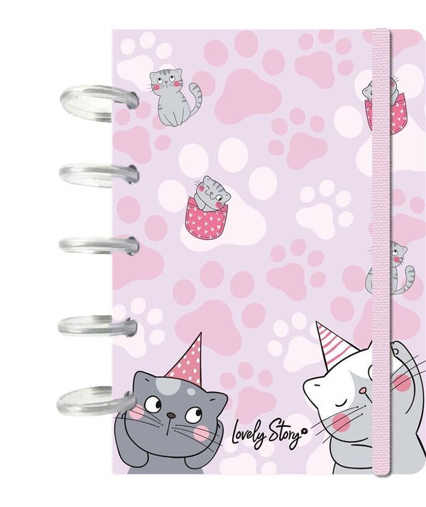 SMART BOOK A6 CON SISTEMA DE DISCOS - 100 HOJAS CUADRICULA 100GR - PINK - CATS DE LOVELY STORY