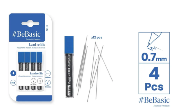BLÍSTER DE 4 TUBOS DE MINAS MAINPAPER BEBASIC 0,7 MM HB(48 MINAS)