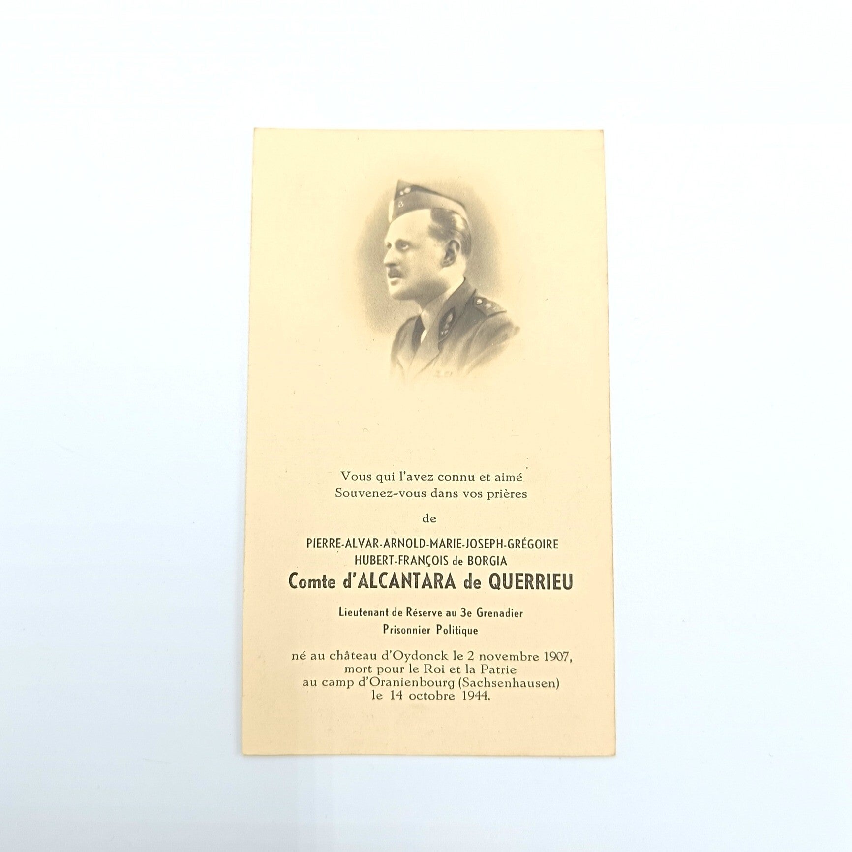 Belgian Political Prisoner Prayer Card De Borgia Count d’Alcantara de Querrieu