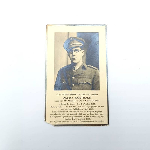 Belgian Belgisch Legioen Resistance Prayer Card Albert Goethals
