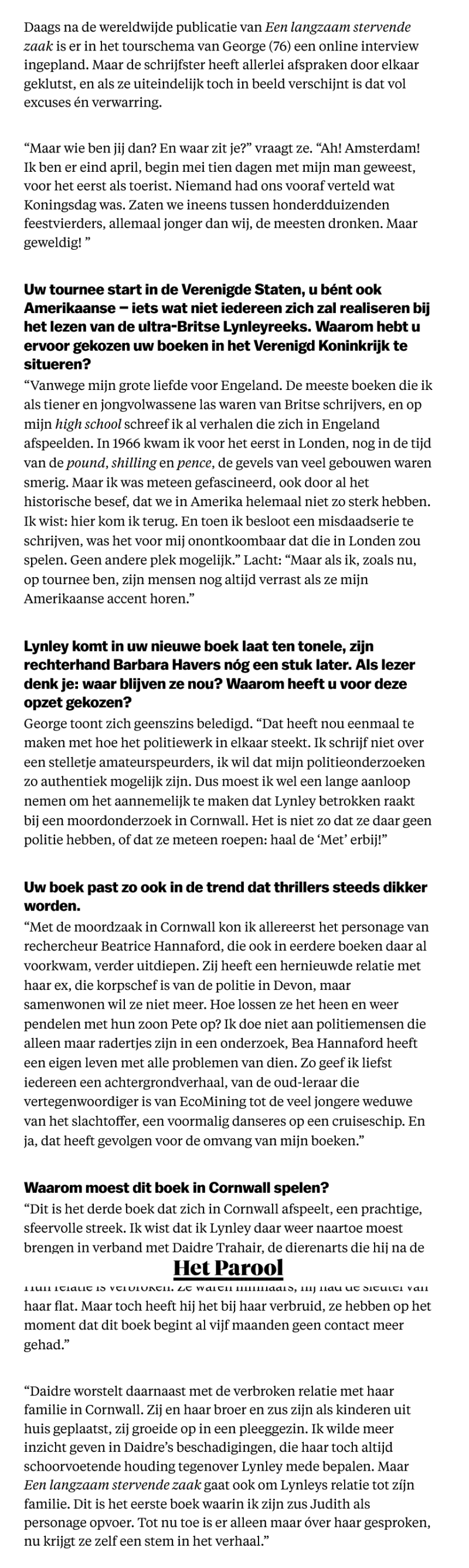 Elizabeth George, Een langzaam stervende zaak, vertaling Saskia Peterzon-Kotte en Miebeth van Horn, recentie Het Parool, Marjolijn de Cocq