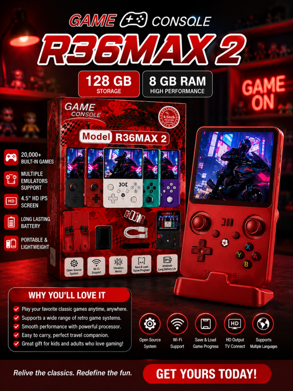 R36MAX 2 Handheld Game Console  128GB  Bring the fun anywhere with the R36MAX 2