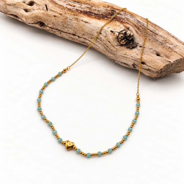Collar corazón de amazonita · Acero dorado